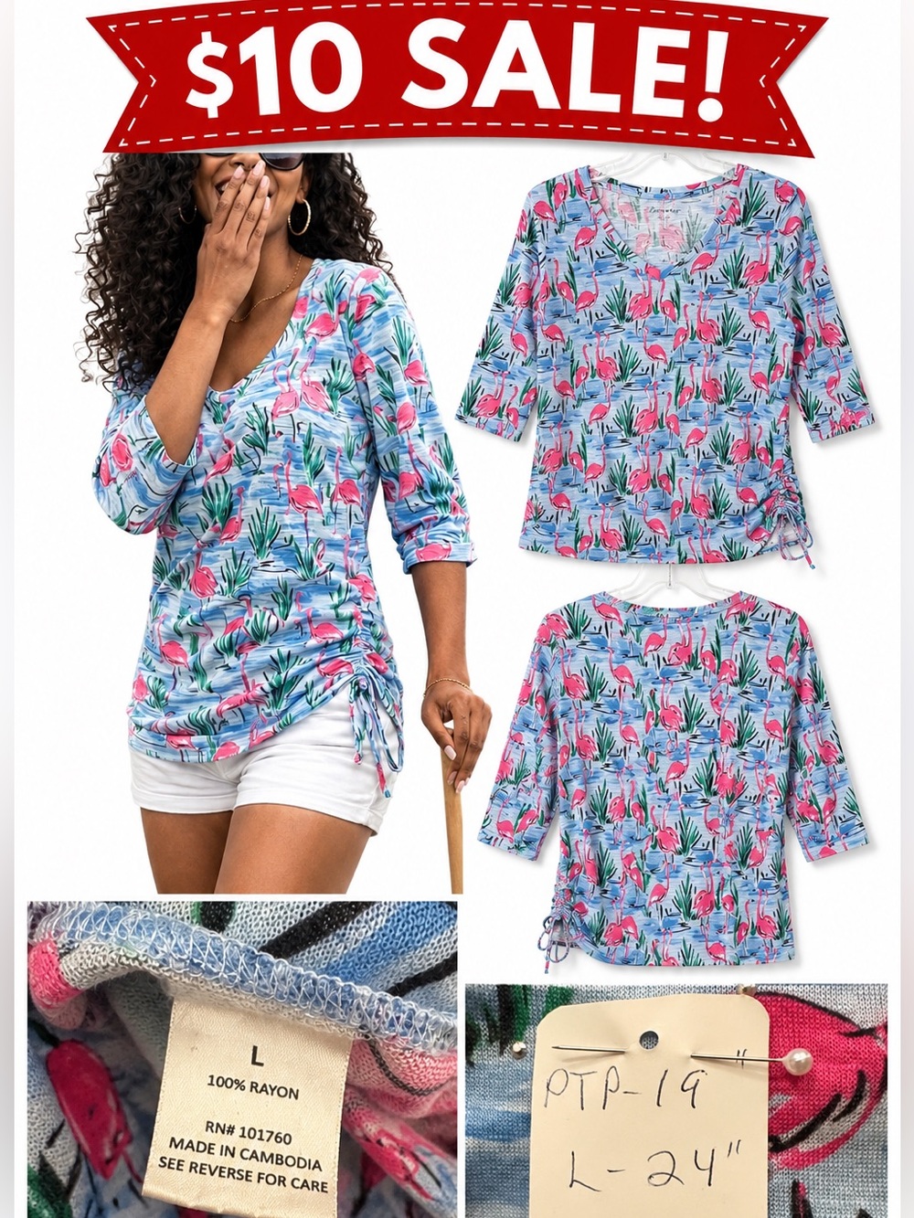 Flamingo Print Ruched Side Resort Top Large Coastal Vacation